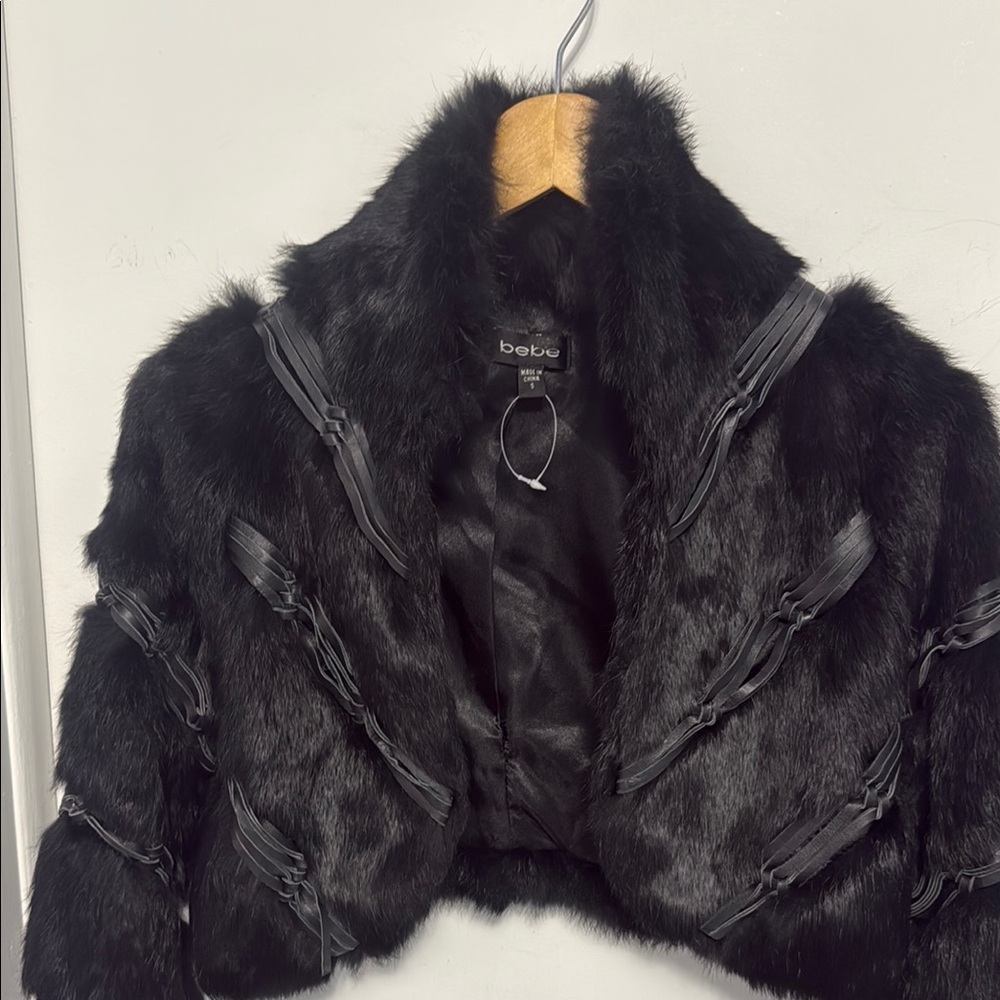 Bebe Black Rabbit Fur Cropped Jacket with decorative leather trim.